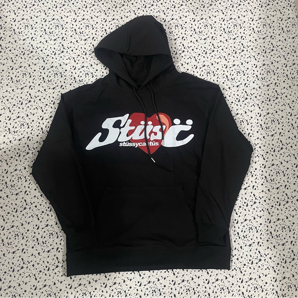 Stussy Black Hoodie with White Logo and Red Heart